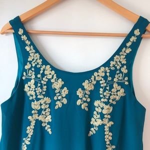 Vibrant Teal Shift Dress with Gold Embroidery